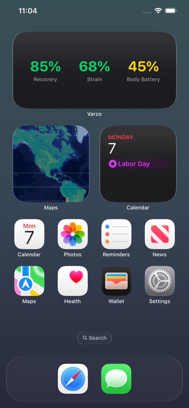 An iPhone Home Screen with a varzo widget showing Recovery 85%, Strain 68% and Body Battery 45%