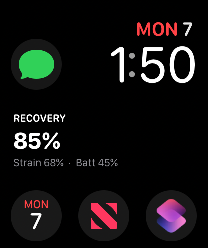 An Apple Watch face showing a varzo complication reading Recovery 85%, Strain 68%, Battery 45%