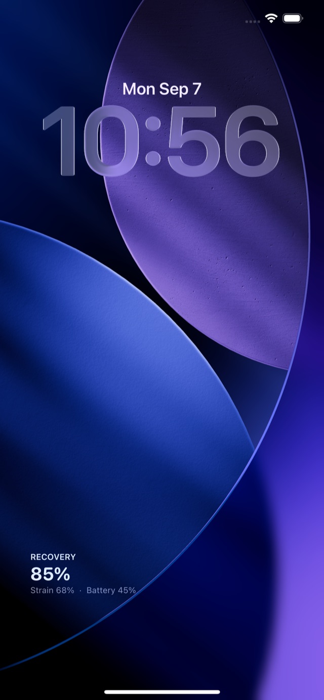An iPhone Lock Screen with a varzo widget showing Recovery 85%, Strain 68% and Battery 45%